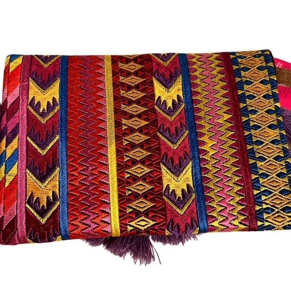 Ethnic Boho Large Clutch Suede Wristlet Bag Handmade Embroidery Tassels Indi NEW - Picture 6 of 16